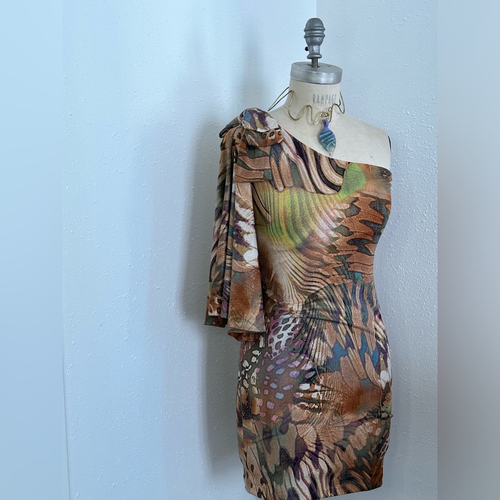 CACHÉ Y2K *RARE* stretchy asymmetric dress butterfly print w. gold metallic - Picture 3 of 7